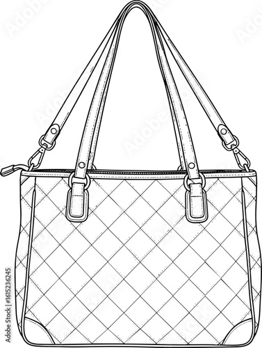 Elegant quilted leather tote bag CAD drawing, fashion handbag sketch with dual straps, flat vector accessory design illustration