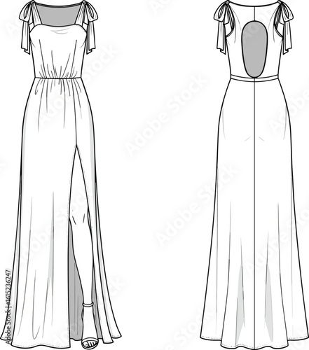 Elegant long evening dress fashion flat sketch with slit, bow straps, open back, technical CAD drawing, front and back view