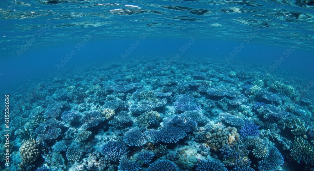 Fototapeta premium Vibrant coral reef teeming with life under the pristine ocean waters in the sunlight