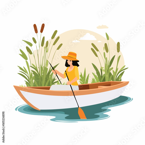 Woman Rowing a Boat Through Reeds on a Sunny Day