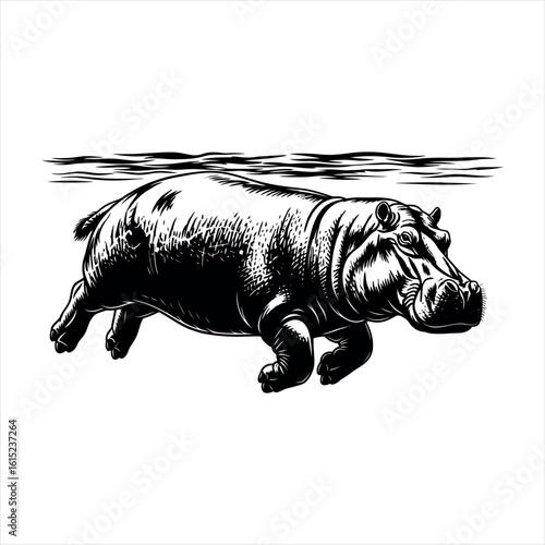 Majestic hippopotamus silhouette isolated on white background