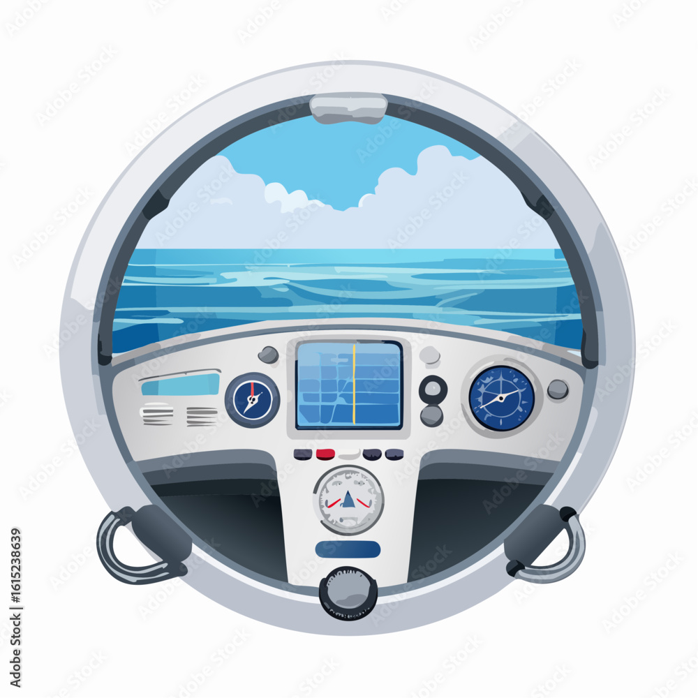 Fototapeta premium Detailed Illustration of a Boat's Dashboard with Ocean View and Blue Sky.