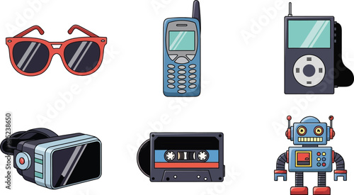 Retro technology icons: sunglasses, cell phone, MP3 player, VR headset, cassette tape, robot.