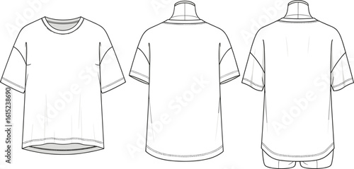 Flat vector CAD drawing of oversized t-shirt, technical fashion sketch, front and back view, casual wear, clothing design template