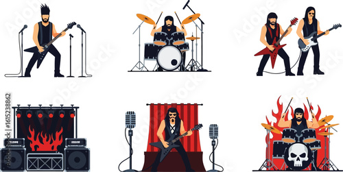 Heavy metal band performing on stage, showcasing guitarists, drummer, and fiery stage design.