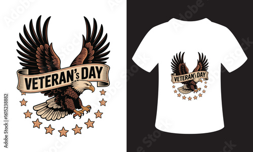 American eagle with veteran s day banner and stars on t shirt mockup