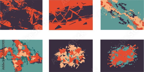 Abstract geometric compositions featuring fragmented shapes and varied color palettes.