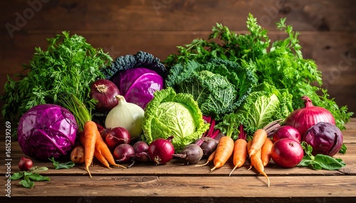 Vibrant array of fresh vegetables on rustic wood (2)