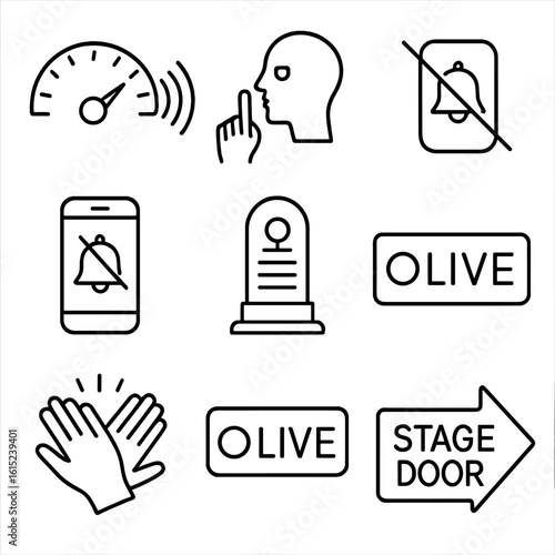 Outline Style Signage Icons. Outline style icons of Public signage: noise level decibel meter, quiet library finger lips, phone