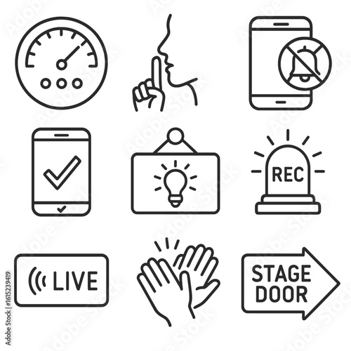 Outline Style Signage Icons. Outline style icons of Public signage: noise level decibel meter, quiet library finger lips, phone