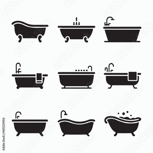 Modern Bath Tub Icon Set in Solid Style for Bathroom and Spa Design
