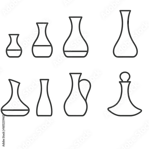 Wine Carafe Icons. Line vector icons of Wine carafe bottles: small wine carafe, medium wine carafe, large wine carafe, tall wine