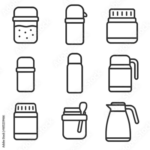 Thermos Line Icons. Line vector icons of Thermos food flasks: soup thermos, coffee thermos, wide-mouth thermos, small thermos,