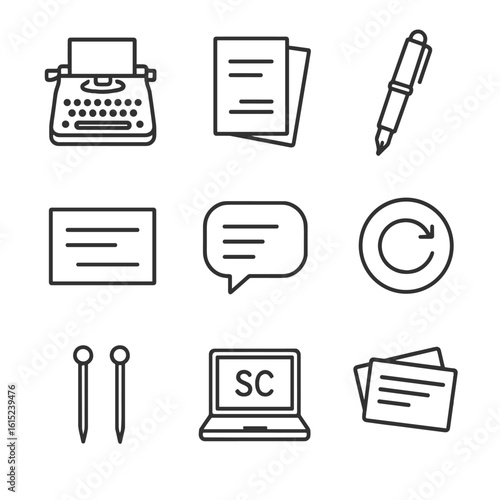 Screenwriting Icons Set. Line style icons of Screenwriting Essentials: typewriter, script pages, fountain pen, scene heading,