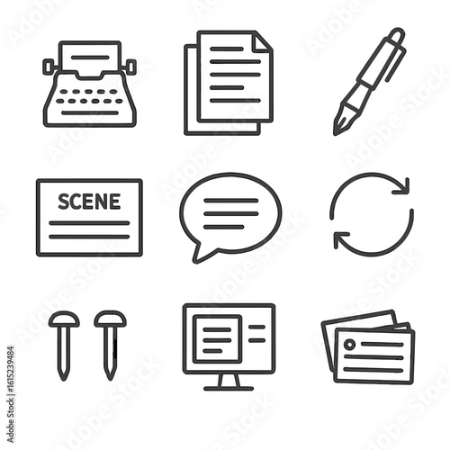 Screenwriting Icons Set. Line style icons of Screenwriting Essentials: typewriter, script pages, fountain pen, scene heading,
