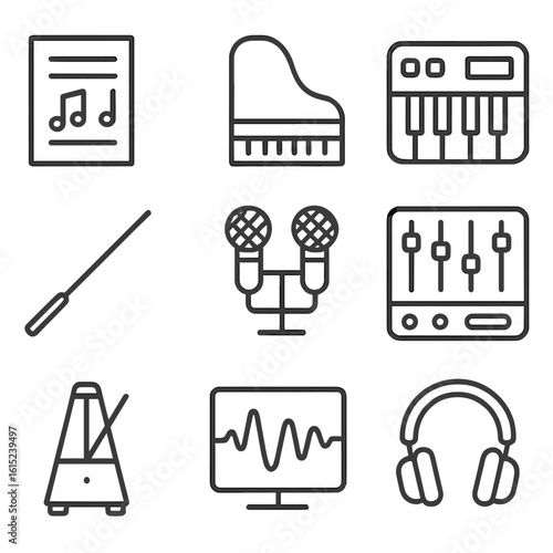Soundtrack Creation Icons. Line style icons of Soundtrack Creation: sheet music, grand piano, synthesizer, conductor baton,