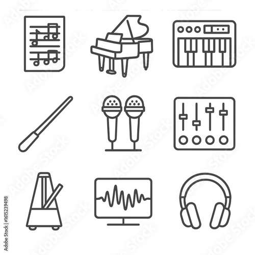 Soundtrack Creation Icons. Line style icons of Soundtrack Creation: sheet music, grand piano, synthesizer, conductor baton,