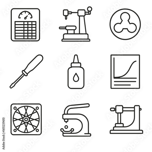 Wheel Building Icons. Line style icons of Wheel Building Supplies: spoke calculator card, spoke cutting machine, threading head,