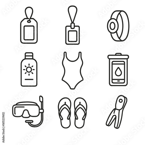 Cruise Gear Icons. Line style icons of Cruise Vacation Gear: tag holder, cruise card lanyard, motion band, SPF sunscreen, swimsuit