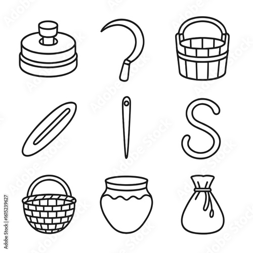 Celtic Tools Icons. Line style icons of Celtic Everyday Tools: quern stone, iron sickle, wooden bucket, loom shuttle, bone needle,