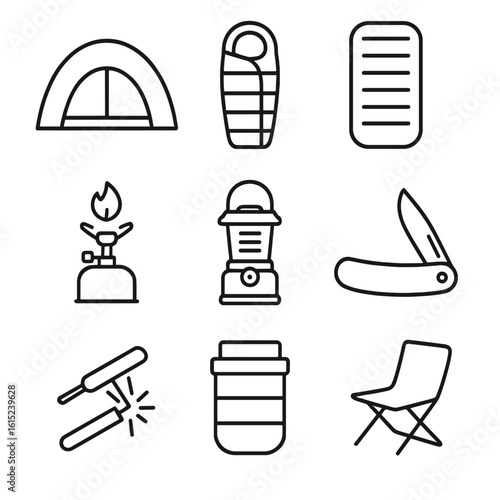 Camping Essentials Icons. Line style icons of Camping Trip Pack: dome tent, sleeping bag, inflatable pad, camp stove, LED lantern,
