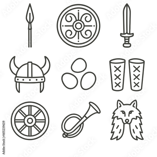 Celtic Warrior Icons. Line style icons of Celtic Warrior Gear: iron spear, round shield, bronze sword, horned helmet, sling stones