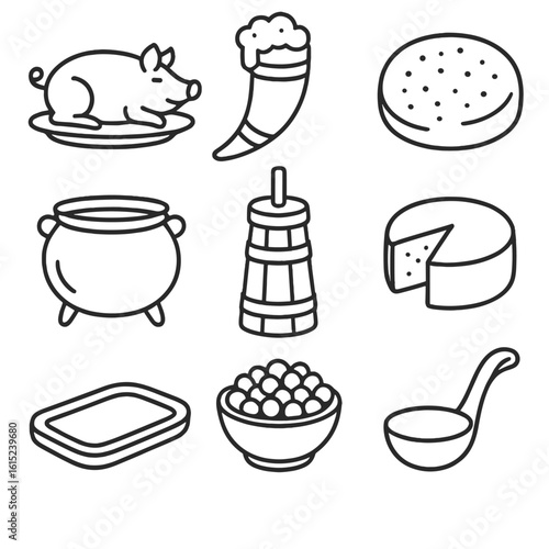 Viking Feast Icons. Line style icons of Viking Feast and Cuisine: roast boar, honey mead horn, bread flatcake, iron cauldron,