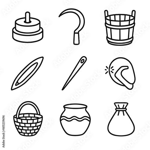 Celtic Tools Icons. Line style icons of Celtic Everyday Tools: quern stone, iron sickle, wooden bucket, loom shuttle, bone needle,