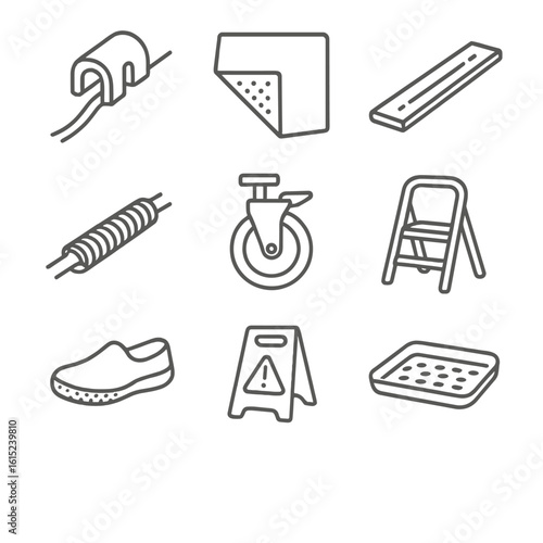 Trip Hazard Prevention Icons. Line style icons of Trip Hazard Prevention: cable clip, rug grip pad, floor strip light, cord sleeve