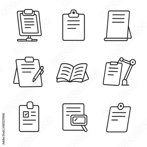 Document Viewing Icons. Line style icons of Document Viewing Aids: adjustable copy holder, magnetic page clip, inline document