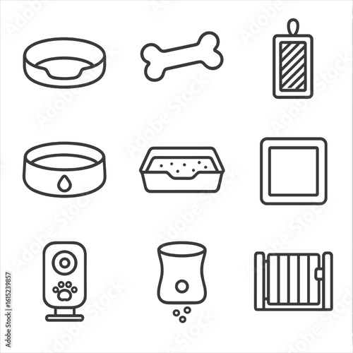 Pet Safety Icons. Line style icons of Pet Safety Arrangements: pet bed, chew toy, scratch mat, pet gate, water bowl, litter tray,