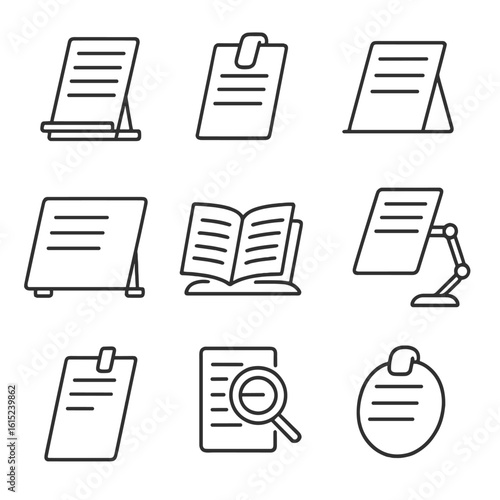 Document Viewing Icons. Line style icons of Document Viewing Aids: adjustable copy holder, magnetic page clip, inline document