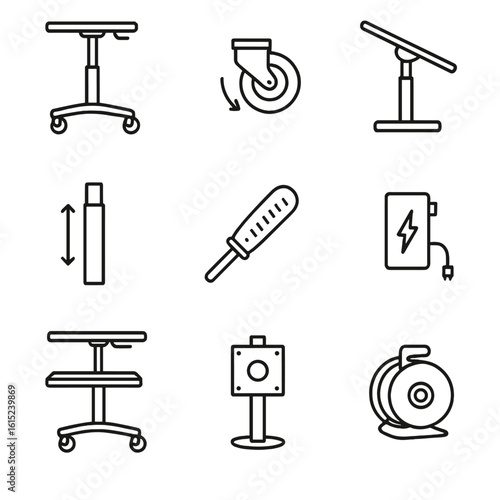 Rolling Workstation Icons. Line style icons of Rolling Sit-Stand Workstations: mobile sit stand cart, caster brake, tilting