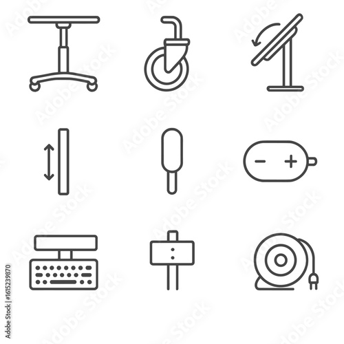 Rolling Workstation Icons. Line style icons of Rolling Sit-Stand Workstations: mobile sit stand cart, caster brake, tilting