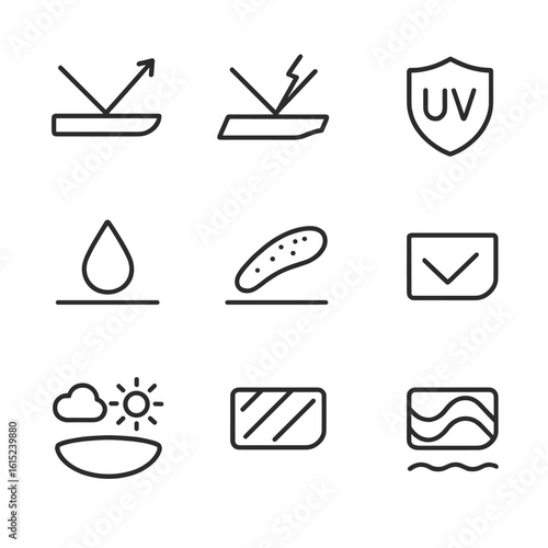 Lens Coating Icons. Line style icons of Lens Coatings and Treatments: anti-reflective layer, scratch-resistant coating icon, UV400