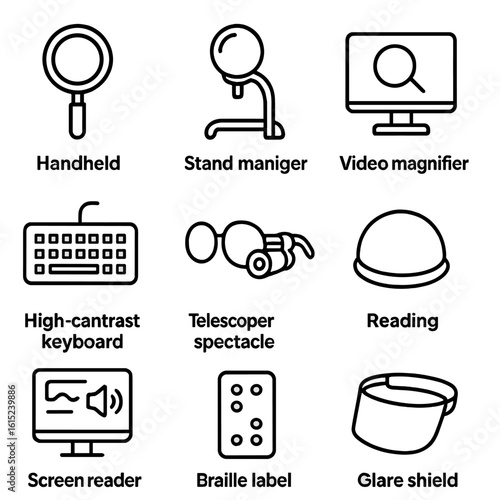 Low Vision Aids Icons. Line style icons of Low Vision Aids: handheld magnifier, stand magnifier, video magnifier, high-contrast