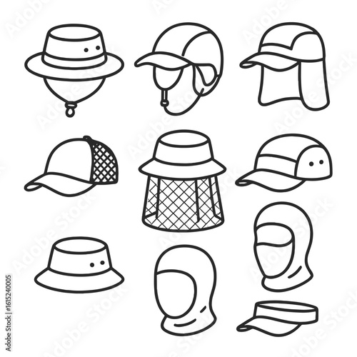 Outdoor Adventure Headgear Icons. Line style icons of Outdoor Adventure Headgear: safari boonie, mountaineer cap, hiking sun cap,