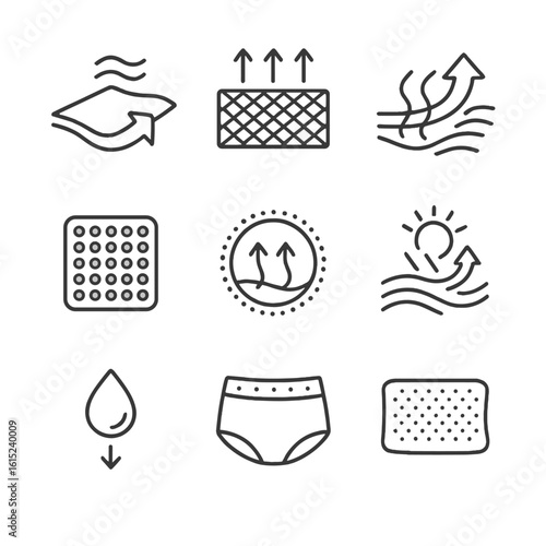 Cooling Sleep Icons. Line style icons of Cooling Sleep Tech: phase-change fabric, ventilated mesh panel, moisture-wick arrow,