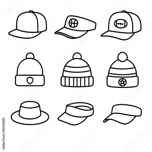 Sports Cap Icons. Line style icons of Sports Team Caps: baseball snapback, basketball visor, football sideline cap, hockey toque,