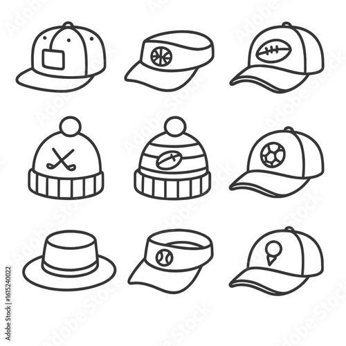 Sports Cap Icons. Line style icons of Sports Team Caps: baseball snapback, basketball visor, football sideline cap, hockey toque,