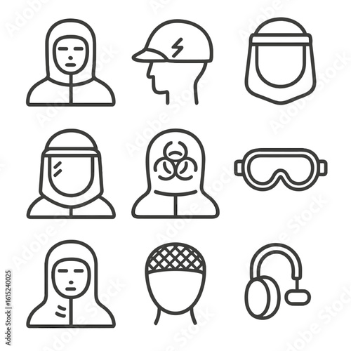 Laboratory Protective Caps Icons. Line style icons of Laboratory Protective Caps: cleanroom hood, antistatic cap, chemical splash