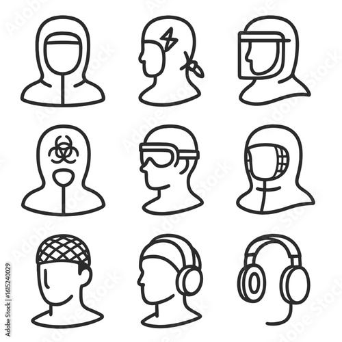 Laboratory Protective Caps Icons. Line style icons of Laboratory Protective Caps: cleanroom hood, antistatic cap, chemical splash