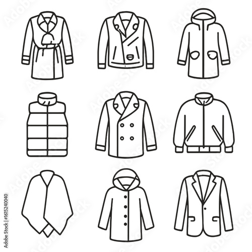Outerwear Icon Collection. Line style icons of Outerwear Range: trench coat, leather jacket, parka coat, puffer vest, pea coat,