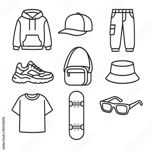 Streetwear Icons. Line style icons of Streetwear Essentials: graphic hoodie, snapback cap, cargo pants, chunky sneakers, crossbody