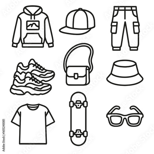 Streetwear Icons. Line style icons of Streetwear Essentials: graphic hoodie, snapback cap, cargo pants, chunky sneakers, crossbody