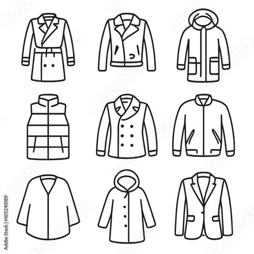 Outerwear Icon Collection. Line style icons of Outerwear Range: trench coat, leather jacket, parka coat, puffer vest, pea coat,