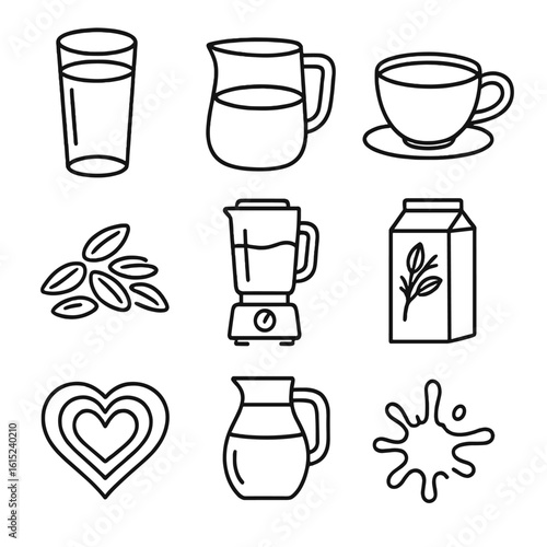 Oat Milk Iconography. Line style icons of Oat Milk Beverages: glass of oat milk, barista froth pitcher, latte cup, roasting oats