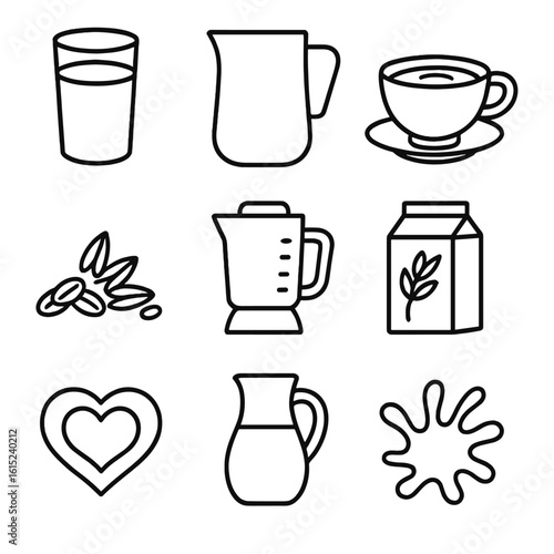 Oat Milk Iconography. Line style icons of Oat Milk Beverages: glass of oat milk, barista froth pitcher, latte cup, roasting oats