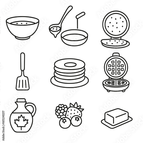 Oat Pancakes & Waffles Icons. Line style icons of Oat Pancakes and Waffles: oat batter bowl, ladle pour, non-stick griddle, flip