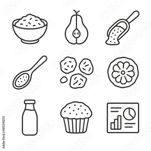 High-Fiber Oat Icons. Line style icons of High-Fiber Oat Recipes: oat bran cereal bowl, sliced pear, psyllium husk scoop, flax